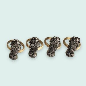 Set of 4 Design Imports Cast Brass Seahorse & Fiber Napkin Rings